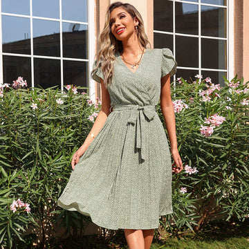 Short Sleeves Printed Wrinkled Mini Dress