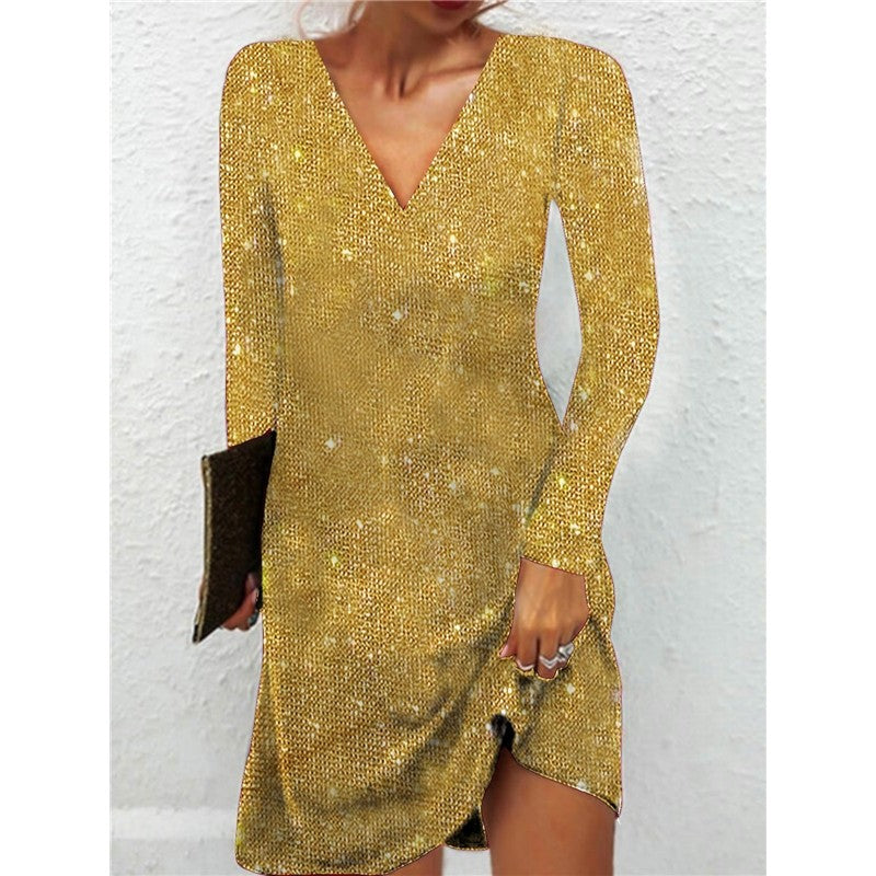 V-Neck Sequin Long Sleeve Short Dress