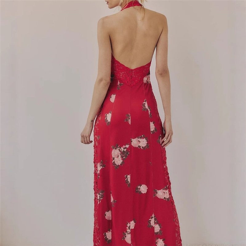 Lace Back Slit Print Maxi Dress