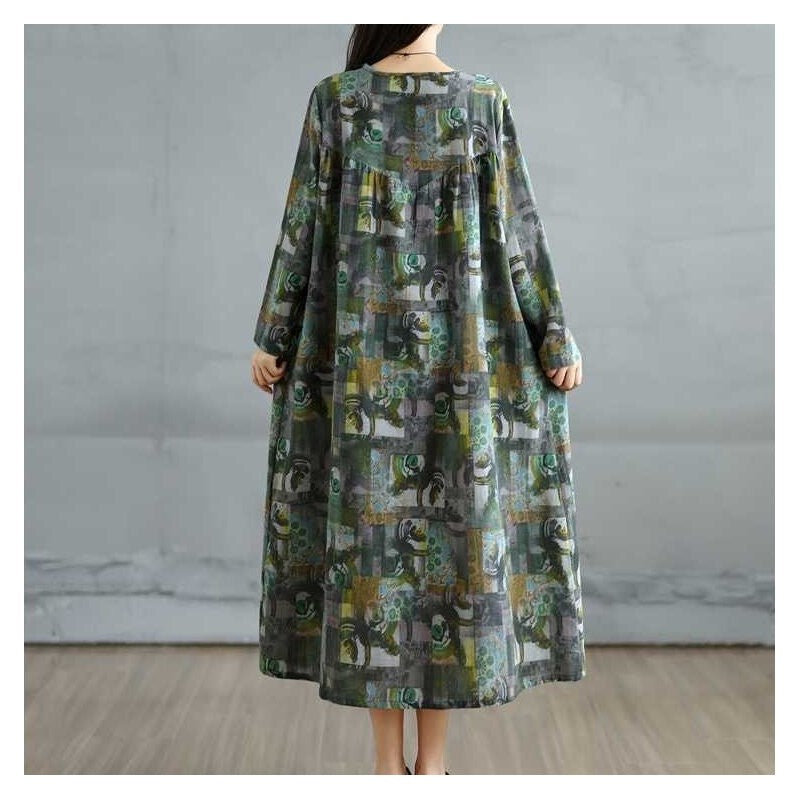Round Neck Loose Print Long Sleeve A Line Dress