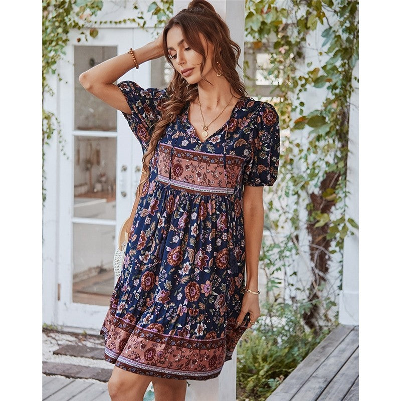 Short Sleeve V-Neck Printed Dress