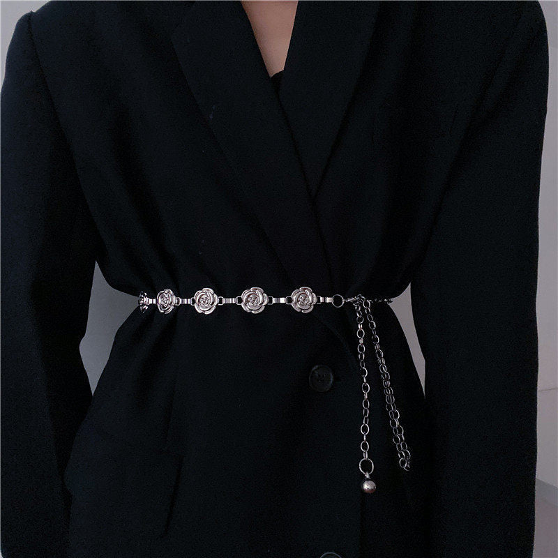 Women's Rose Metal Waist Chain Belt For Dresses Skirts Retro