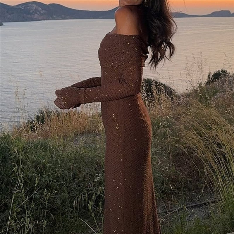 Sparkly One Shoulder Long Sleeve Solid Dress