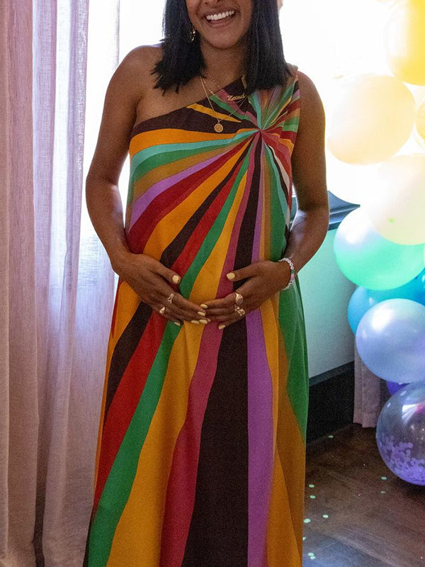 Loose Sleeveless Asymmetric Contrast Color Striped One-Shoulder Maxi Dresses