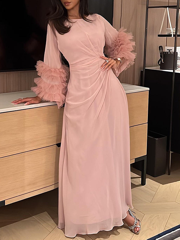 Solid Color Pleated Tied Waist Flared Sleeves Long Sleeves Maxi Dresses