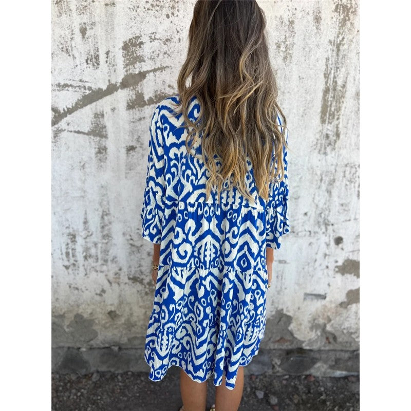 Loose V-Neck Print Pleated Short Dress