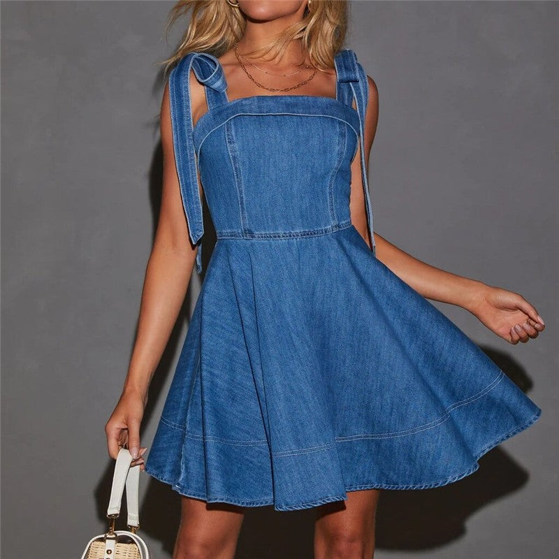 Solid Color Strapless Denim Mini Dress