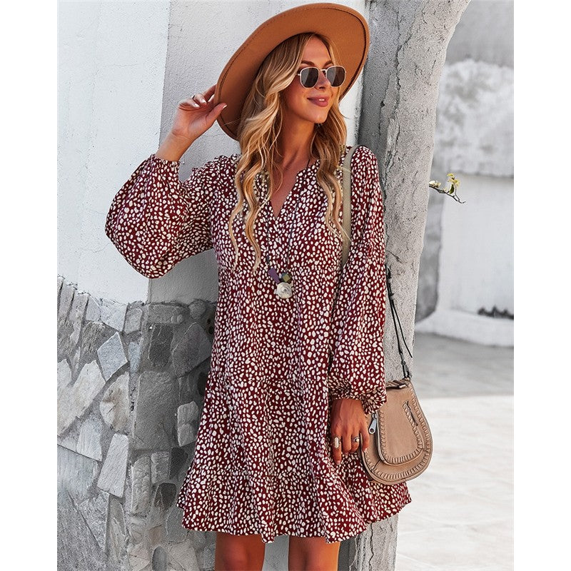 Long Sleeve V-Neck Leopard Print Casual Resort Dress