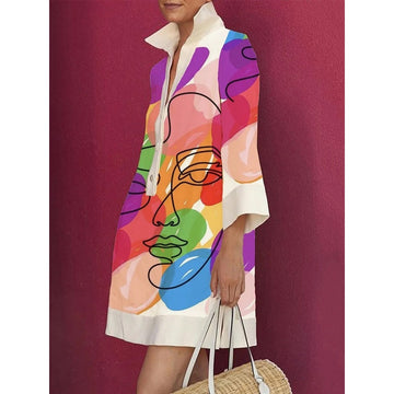 Loose Three-Quarter Sleeves Buttoned Contrast Color Figure Printed Lapel Collar Mini Dresses
