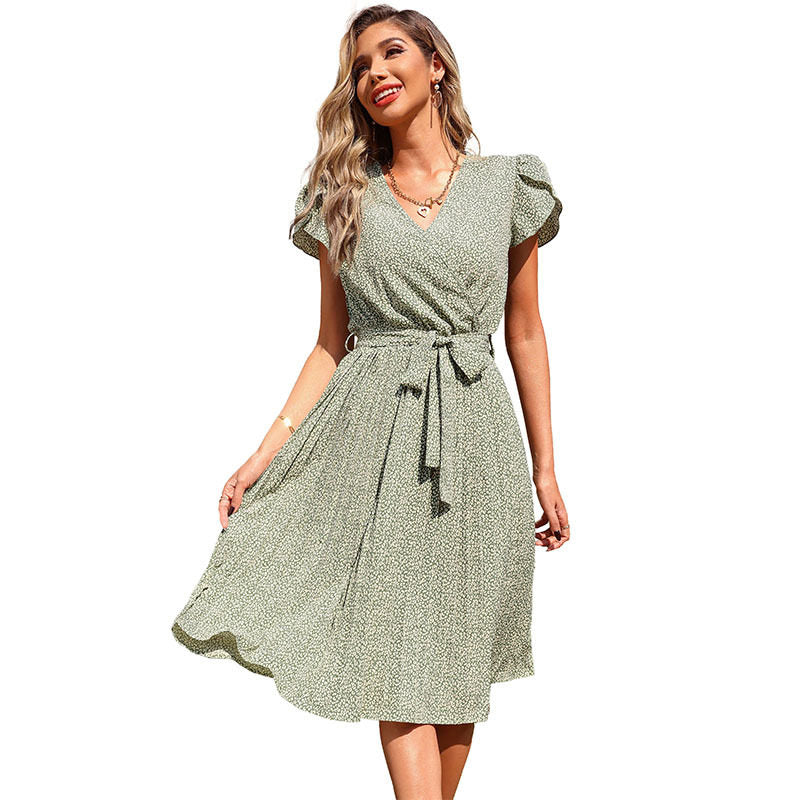 Summer Green Printed Pleated V-Neck Boho Dress