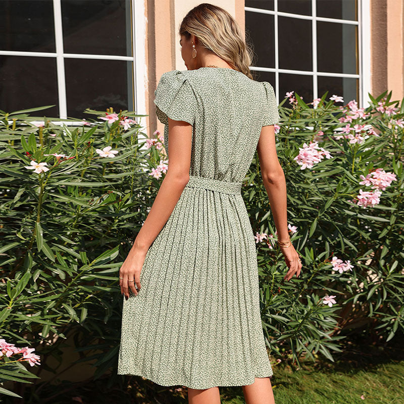 Short Sleeves Printed Wrinkled Mini Dress