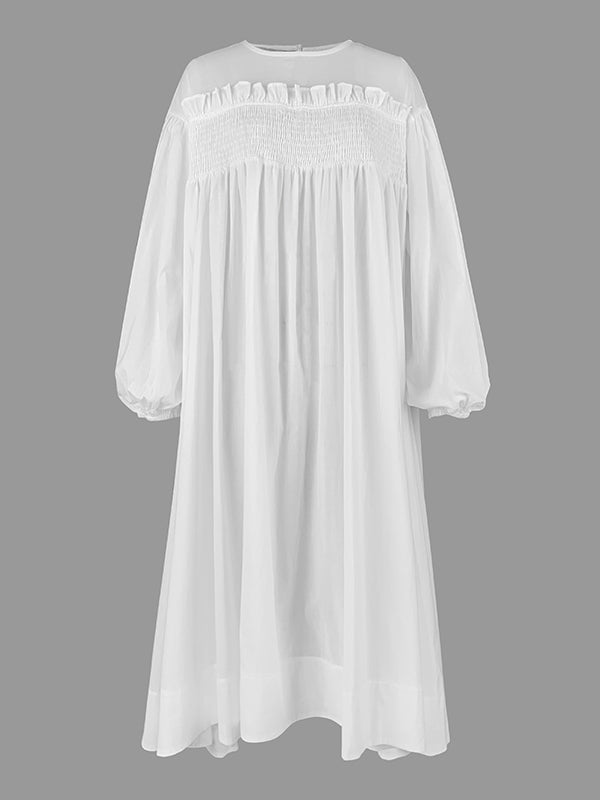 A-Line Long Sleeves Mesh Pleated Pockets See-Through Solid Color Split-Joint Round-Neck Midi Dresses