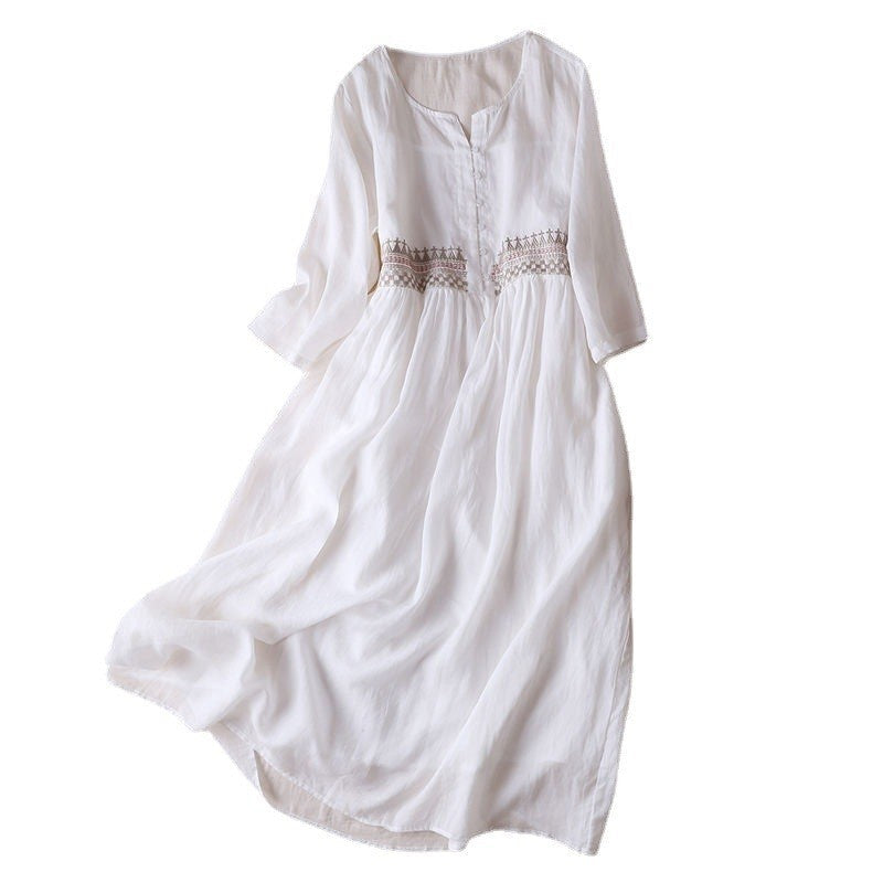 Embroidered Loose Round Neck Midi Dress