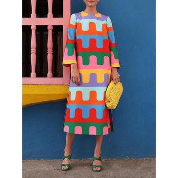 Long Sleeves Loose Printed Split-Side Round-Neck Midi Dresses