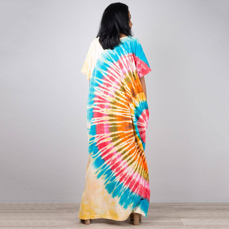 Short Sleeves Tie-Dyed Split Maxi Dress
