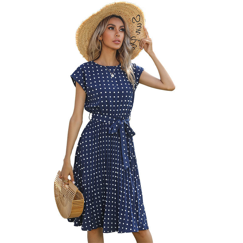 Polka-Dot Short-Sleeve Lace-Up Boho Dress
