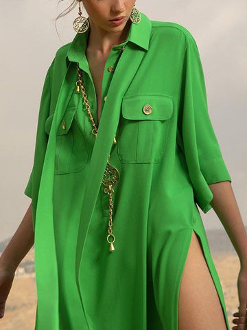 Half Sleeves Loose Buttoned Pockets Split-Side Tied Lapel Maxi Dresses