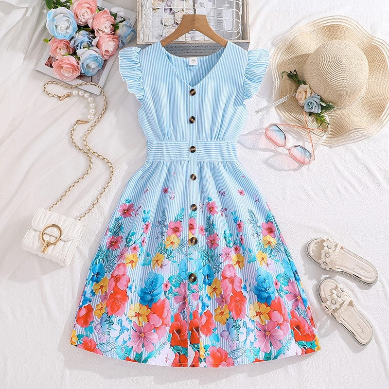 Girl's Dress With Fly Sleeve And Stripe