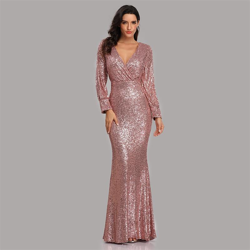Sexy V Neck Sequined Mermaid Evening Dresses