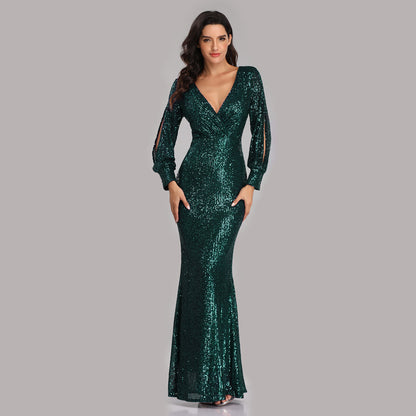 Sexy V Neck Sequined Mermaid Evening Dresses