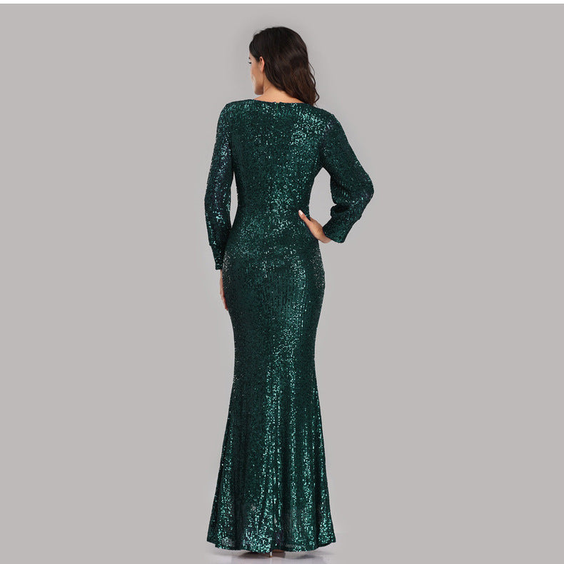 Sexy V Neck Sequined Mermaid Evening Dresses