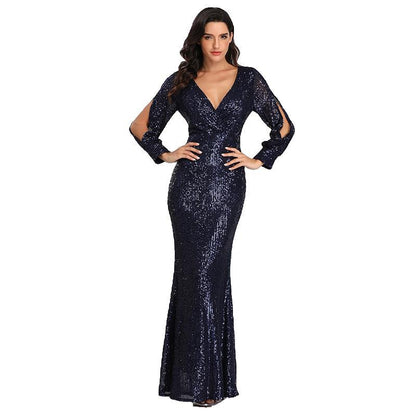 Sexy V Neck Sequined Mermaid Evening Dresses