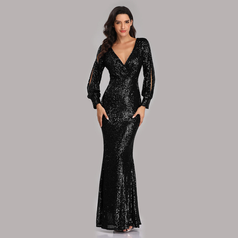 Sexy V Neck Sequined Mermaid Evening Dresses