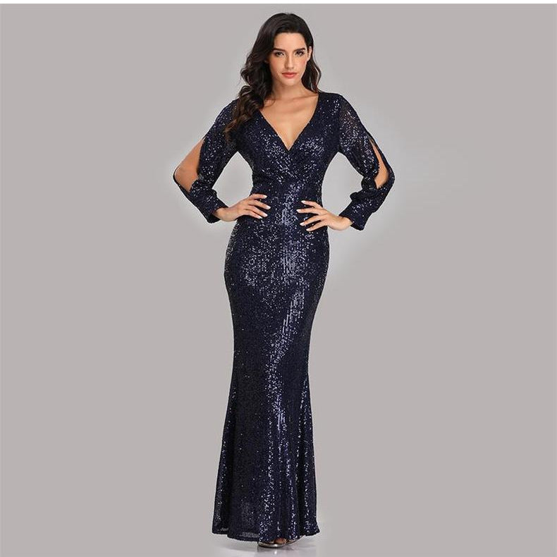 Sexy V Neck Sequined Mermaid Evening Dresses