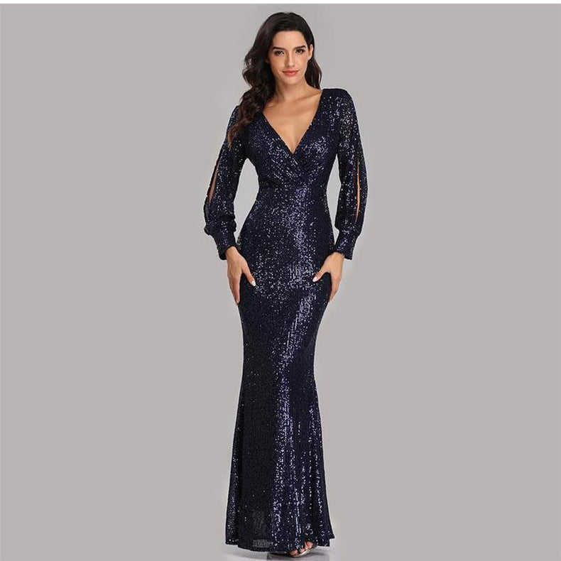 Sexy V Neck Sequined Mermaid Evening Dresses