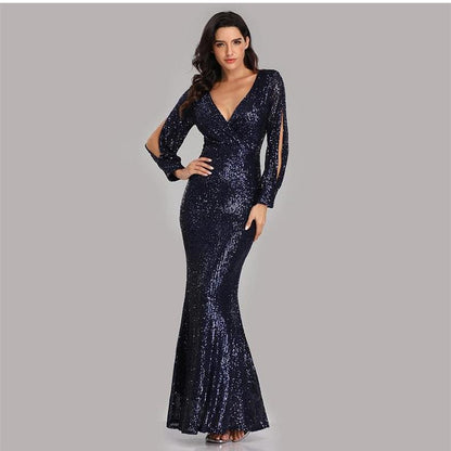Sexy V Neck Sequined Mermaid Evening Dresses