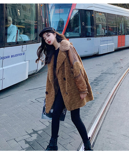 Fashion Leather with Fur Winter Women Jacket Coats