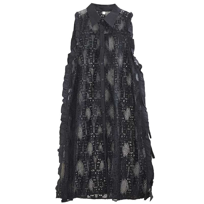 Lace Vest Double-Breasted Shirt Dress With Straps