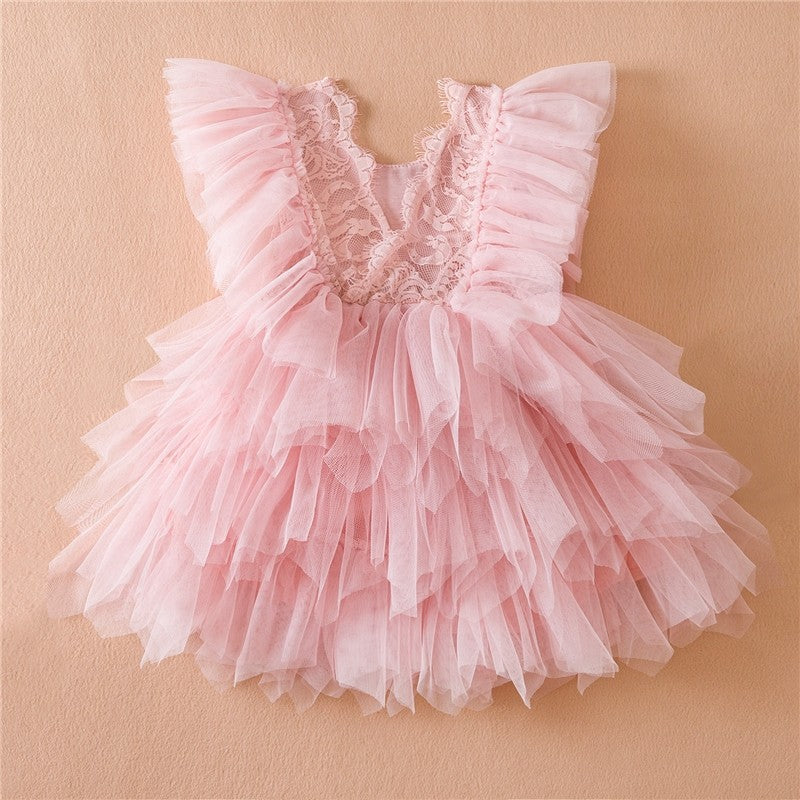 Girls' Solid Color Lace Embroidered Tulle Princess Dress
