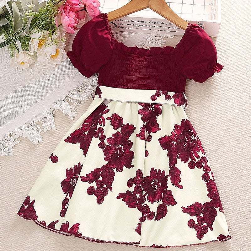 Girls Short Sleeve Printed Lace-Up Princess Dress