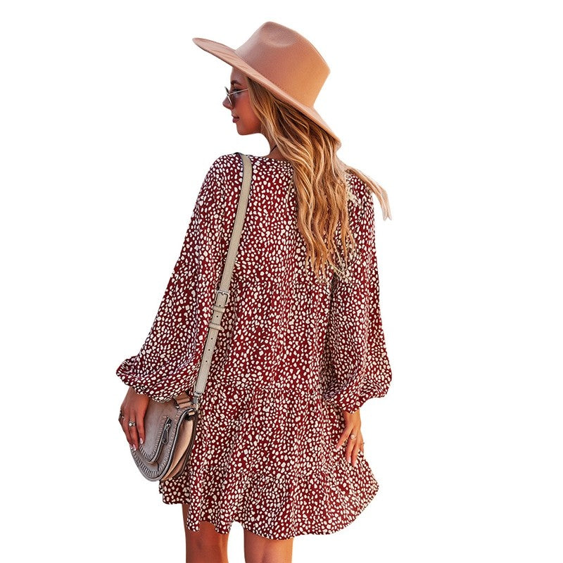 Long Sleeve V-Neck Leopard Print Casual Resort Dress
