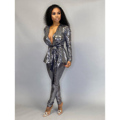 Sexy Fashion Gold Stamp Long Sleeves  Party Outfits Sets with Belt