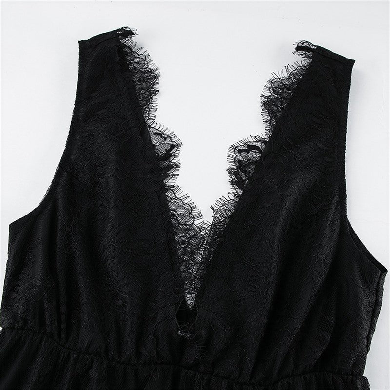 Black Lace Backless V Neck A Line Dress