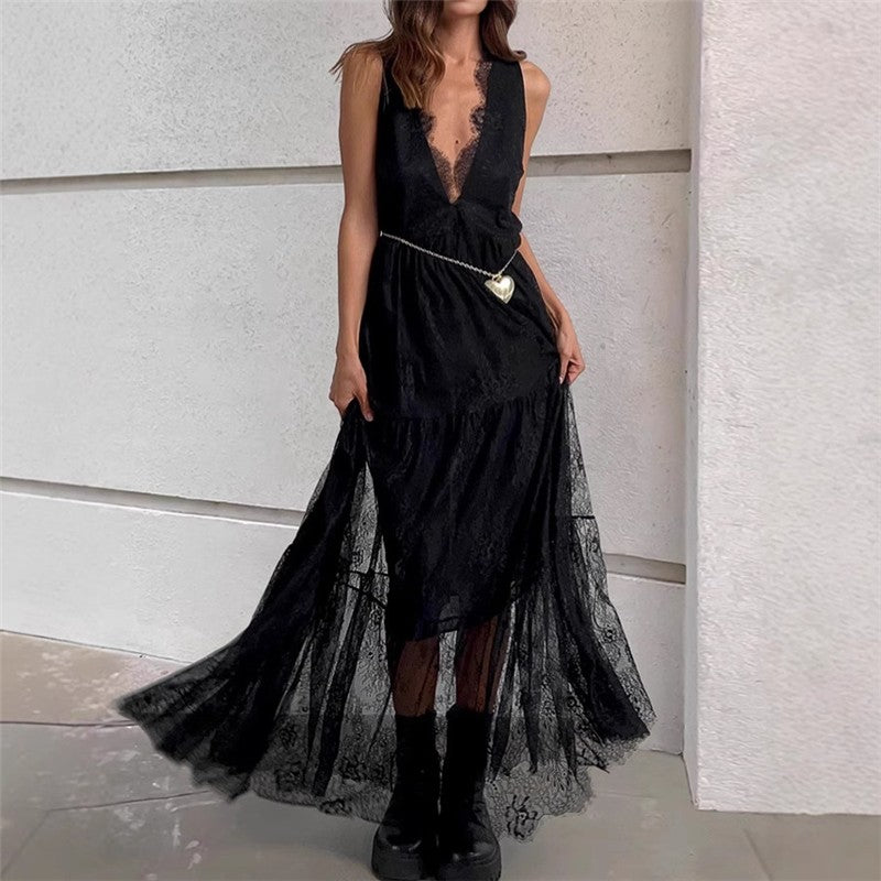 Black Lace Backless V Neck A Line Dress