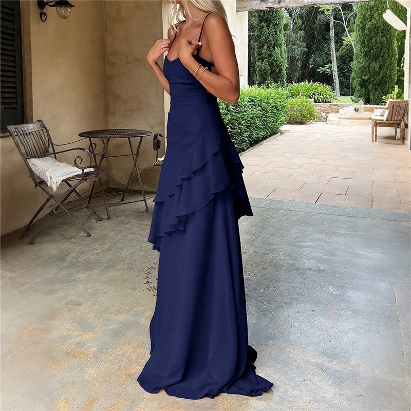 Solid Color Lace Trim Maxi Dress