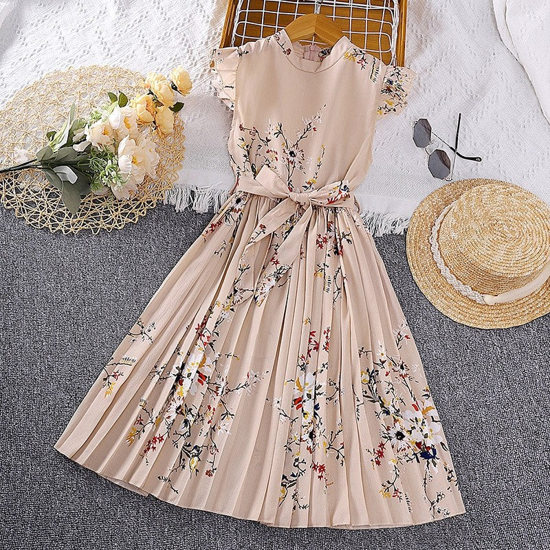 Girls' Printed Dash Sleeve Lace-Up Dress