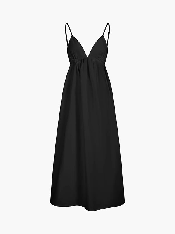 A-Line Loose Backless Elasticity Solid Color Spaghetti-Neck Maxi Dresses