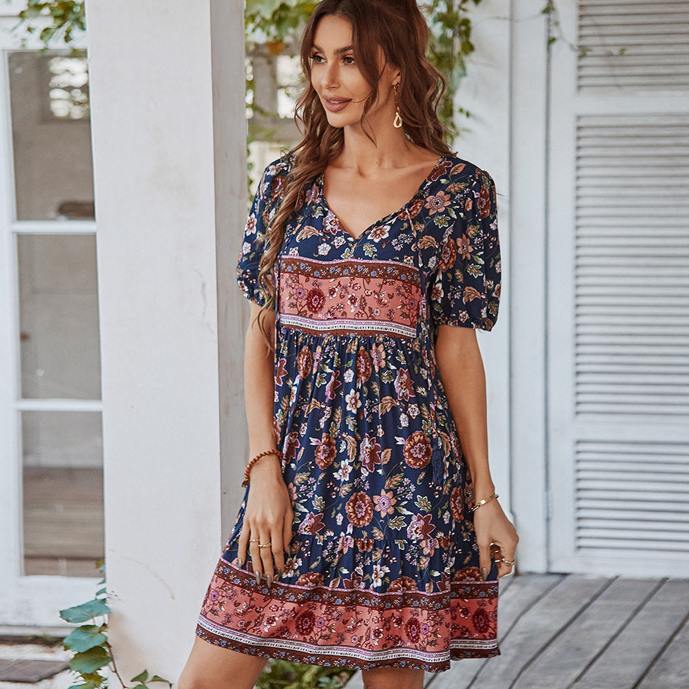 Short Sleeve V-Neck Printed Dress