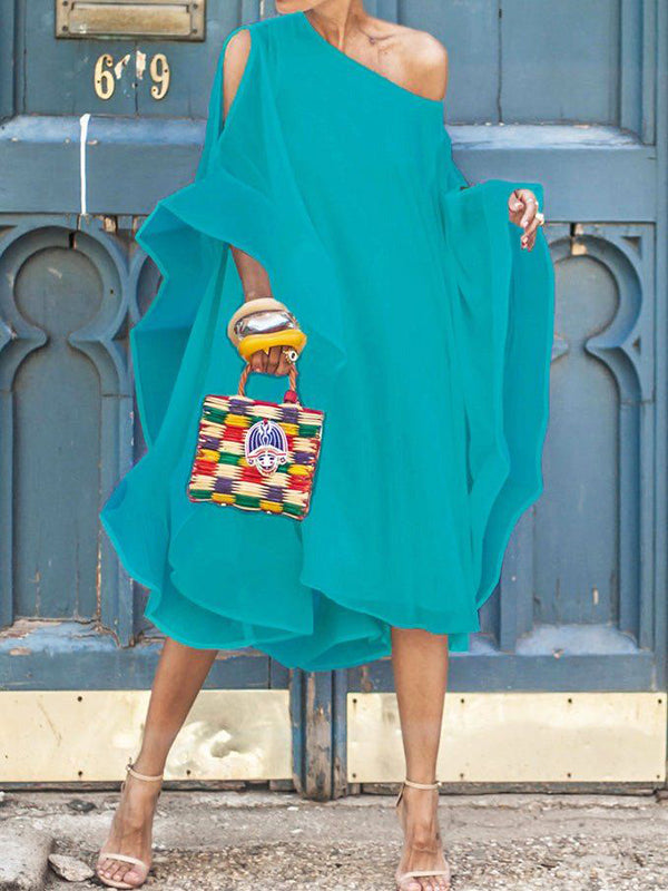 Batwing Sleeves Asymmetric Solid Color Cold Shoulder Midi Dresses