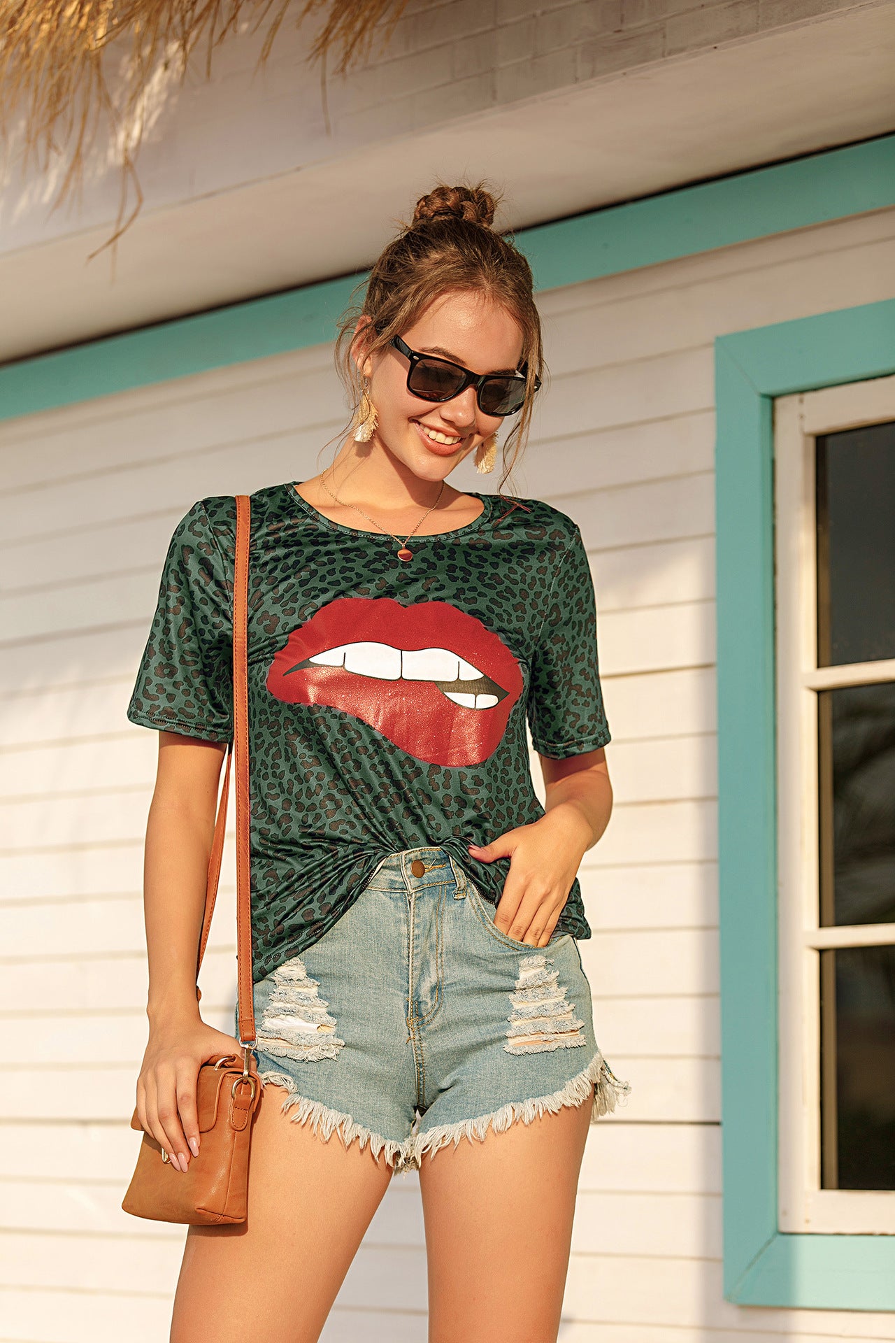 Casual Lip Print Short Sleeves T Shirts for Women