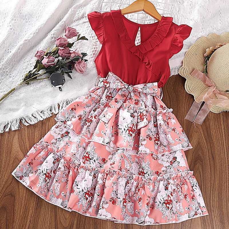 Girl's Lace Neck Fly Sleeve Floral Princess Dress
