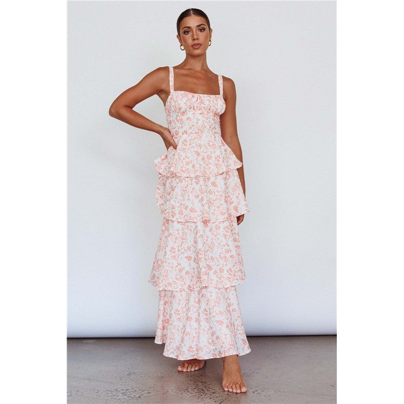 Slim Fit Waist Floral Print Long Strapless Dress