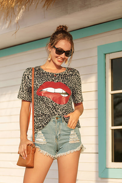 Casual Lip Print Short Sleeves T Shirts for Women