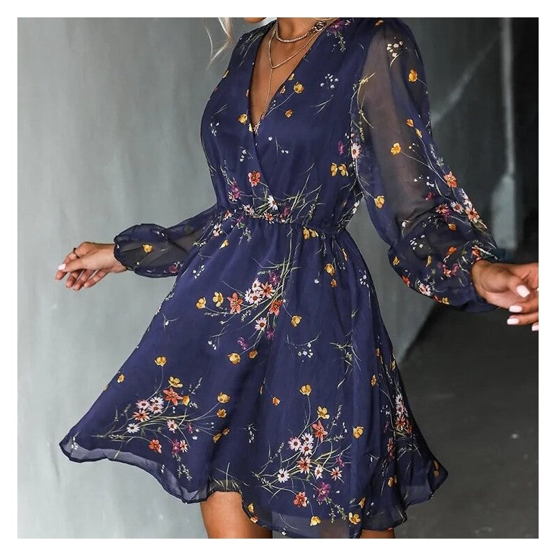 V-Neck Long Sleeve Floral Short Dress