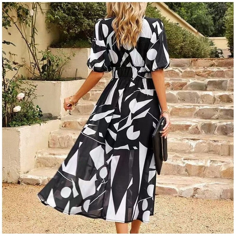 V-Neck Print Elastic Waist Short Sleeve Dress