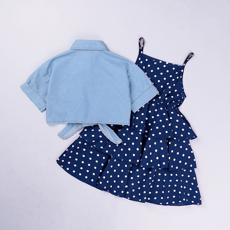 Denim Short Sleeve Jacket Suspender Skirt Girl's Set